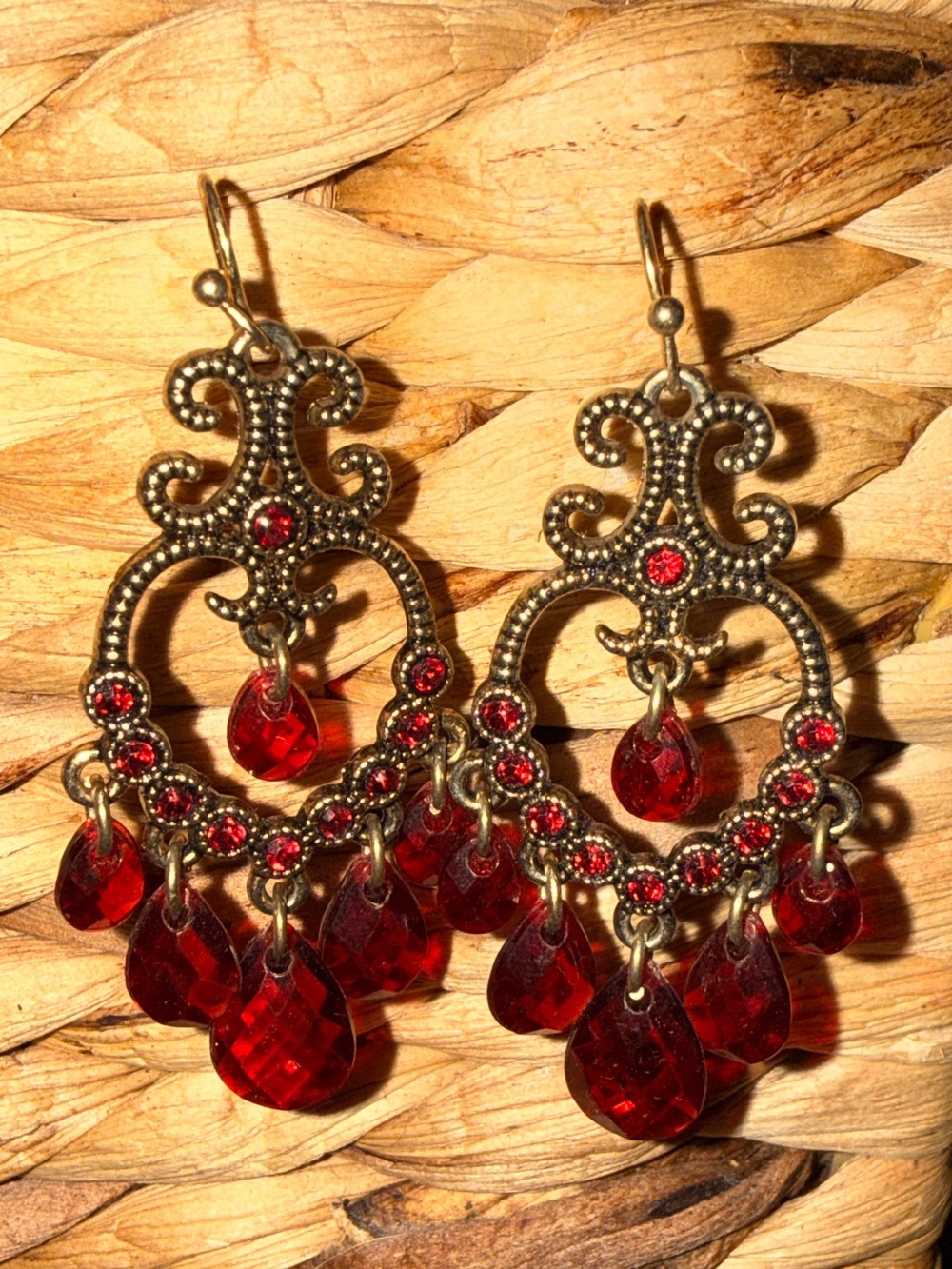 Vintage Avon 2012 Faceted Teardrop Earrings, Goldtone Scrollwork, Red Dangles